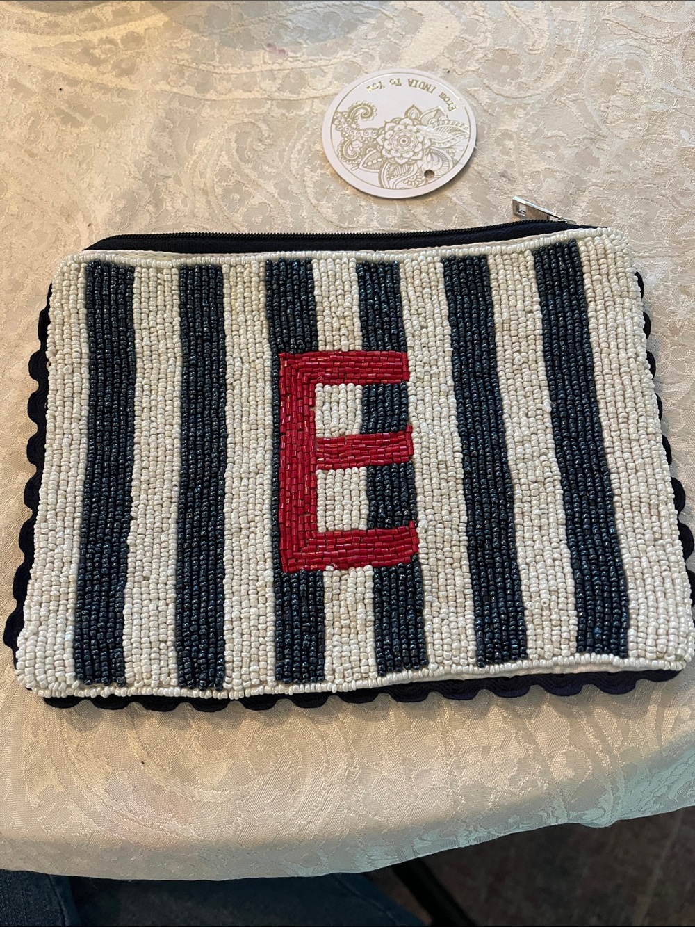 Anthropologie Navy & Cream Striped Beaded Clutch with Red Initial E